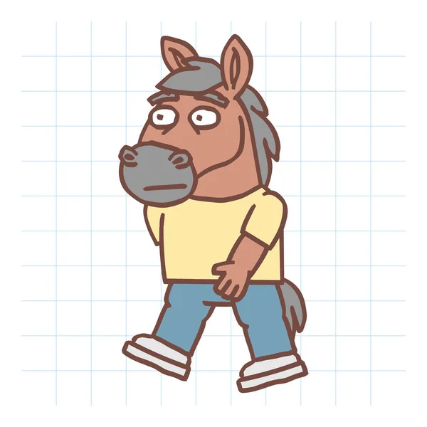 Kůň Jde Pěšky Ručně Kreslený Charakter Vektorová Ilustrace — Stockový vektor