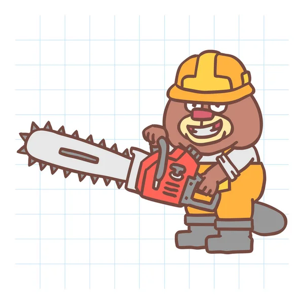 Castor Constructor Sombrero Duro Sosteniendo Motosierra Sonriendo Personaje Dibujado Mano — Vector de stock