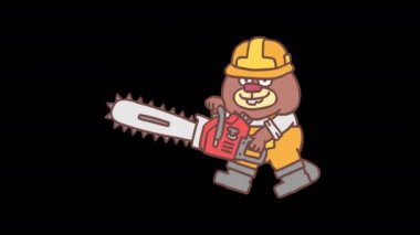 İnşaatçı kunduz, elinde testere ve yürür. Kare kare animasyon. Alfa kanalı. Döngülü canlandırma