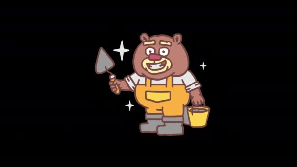 Builder Beaver Holds Trowel Bucket Cement Frame Frame Animation Alpha — Stock Video