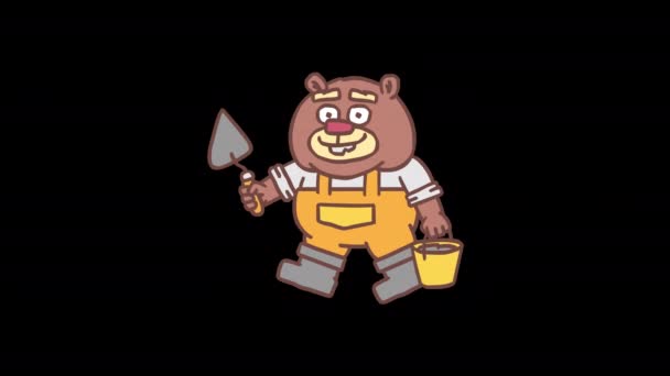 Builder Beaver Holds Trowel Bucket Cement Walks Frame Frame Animation — Stock Video