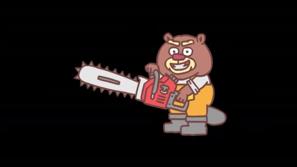 Builder Beaver Holding Chainsaw Smiles Madly Frame Frame Animation Alpha — Stock Video