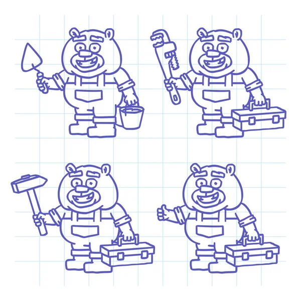 Constructor Castor Personaje Doodle Set Parte Dos Personaje Dibujado Mano — Vector de stock