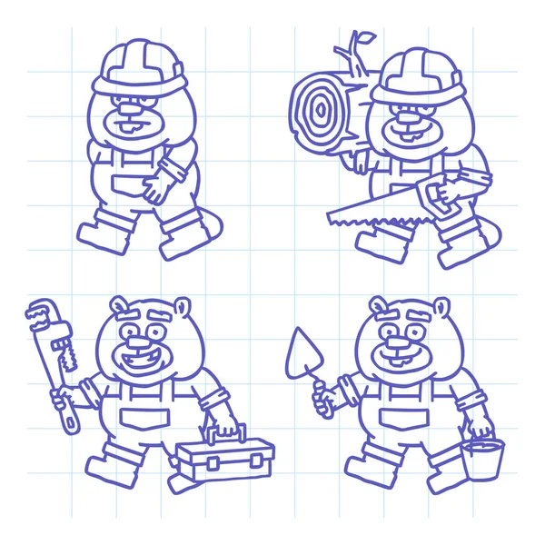 Constructor Castor Personaje Doodle Set Parte Uno Personaje Dibujado Mano — Vector de stock