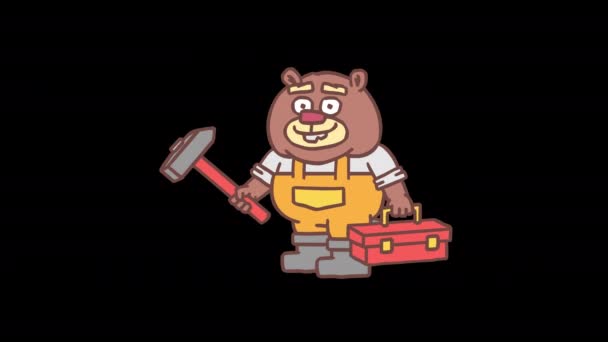 Builder Beaver Holding Hammer Holding Tool Case Smiling Frame Frame — Stock Video