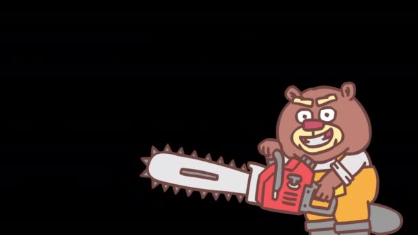 Builder Beaver Appears Screen Holding Chainsaw Smiles Madly Frame Frame — Stock Video