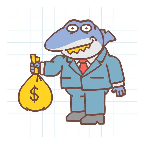 Boss Shark Holds Bag Money Holds Suitcase Smiles Hand Drawn — Stock Vector