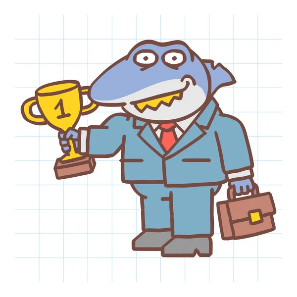 Patron Köpekbalığı Elinde Altın Kupayla Bavulu Tutuyor Gülümsüyor Çizimi Karakter — Stok Vektör