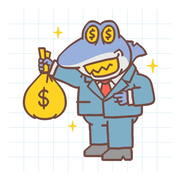 Žralok Šéf Ukazuje Pytel Peněz Usmívá Ručně Kreslený Charakter Vektorová — Stockový vektor