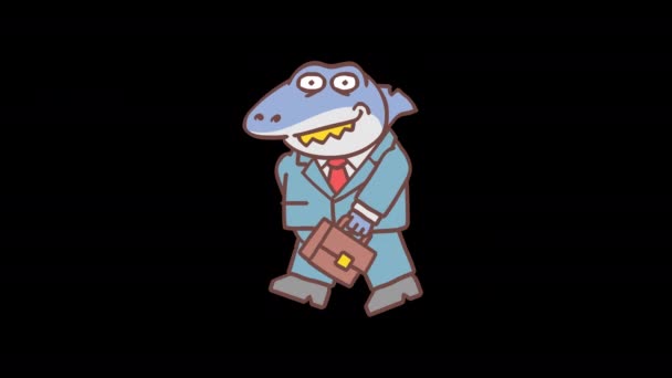 Boss Shark Holds Suitcase Smiles Walks Frame Frame Animation Alpha — Stock Video