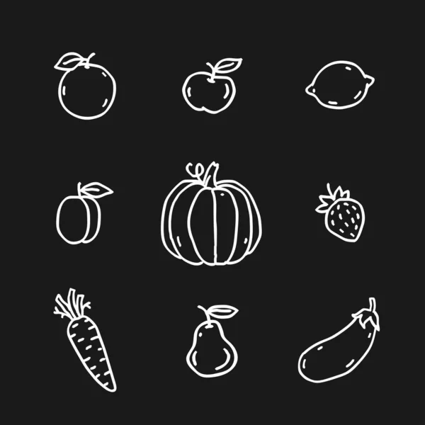 水果和蔬菜插图设置 第二部分 白色的轮廓 手拉手病媒图解 — 图库矢量图片