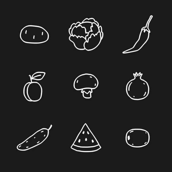 Ensemble Illustrations Fruits Légumes Contour Blanc Troisième Partie Tiré Main — Image vectorielle