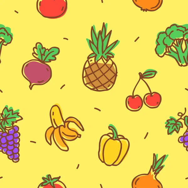 Motif Légumes Fruits Gribouillis Modèle Sans Couture Tiré Main Illustration — Image vectorielle