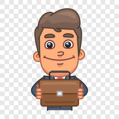 İş adamı evrak çantası tutuyor ve gülümsüyor. Komik bir tip. Vektör karakteri