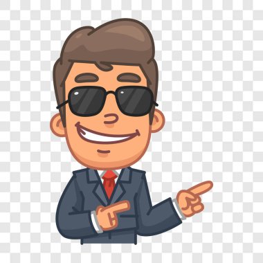 Güneş gözlüklü bir iş adamı işaret ediyor. Komik bir tip. Vektör karakteri