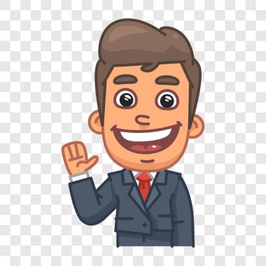 İş adamı gülüyor ve elini sallıyor. Komik bir tip. Vektör karakteri