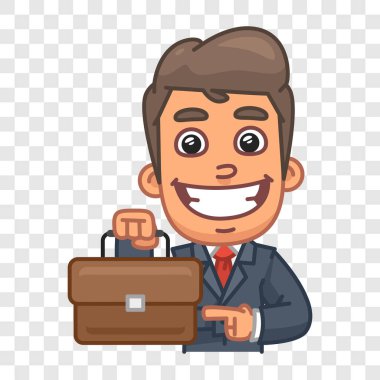 İşadamı bavulu işaret ediyor ve gülümsüyor. Komik bir tip. Vektör karakteri