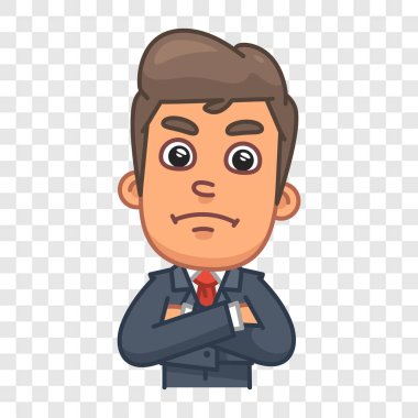 İş adamı ciddi ve kapalı bir poz aldı. Komik bir tip. Vektör karakteri