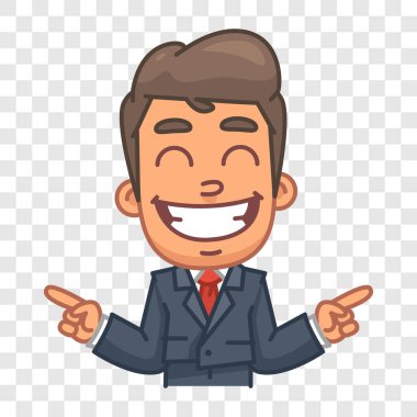 İş adamı gülümsüyor ve farklı yönleri işaret ediyor. Komik bir tip. Vektör karakteri