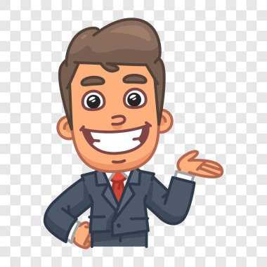 İş adamı gülümsüyor ve avuç içi gösteriyor. Komik bir tip. Vektör karakteri