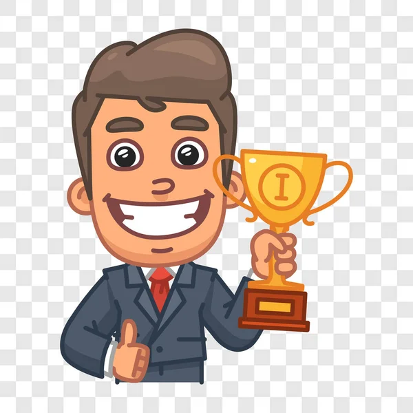 Businessman Holding Golden Cup Showing Thumbs Funny Character Vector Character — ストックベクタ