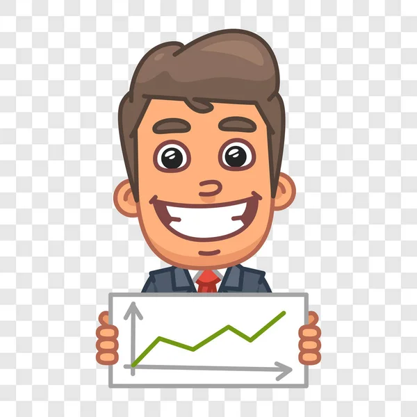 Empresario Sosteniendo Gráfico Negocios Positivo Sonriendo Personaje Gracioso Carácter Del — Vector de stock