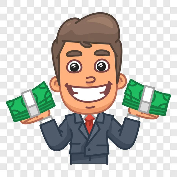 İki elinde de bir tomar para tutan bir iş adamı. Komik bir tip. Vektör karakteri