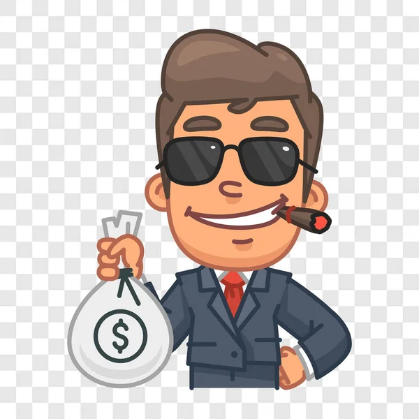 Güneş gözlüklü bir iş adamı para çantası tutuyor ve gülümsüyor. Komik bir tip. Vektör karakteri