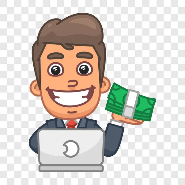 Businessman Sitting Laptop Holding Wad Money Funny Character Vector Character — Stock Vector
