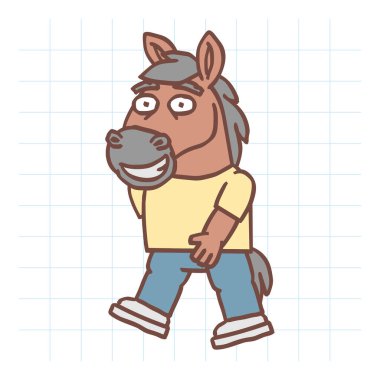 At yürüyor ve gülümsüyor. El çizimi karakter. Vektör İllüstrasyonu