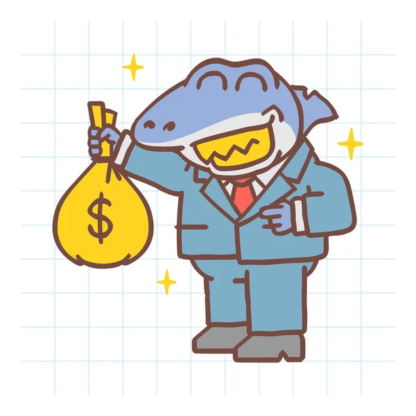 Žralok Drží Pytel Peněz Usmívá Ručně Kreslený Charakter Vektorová Ilustrace — Stockový vektor