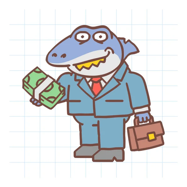 Tubarão Segurando Maço Dinheiro Sorrindo Personagem Desenhado Mão Ilustração Vetorial — Vetor de Stock