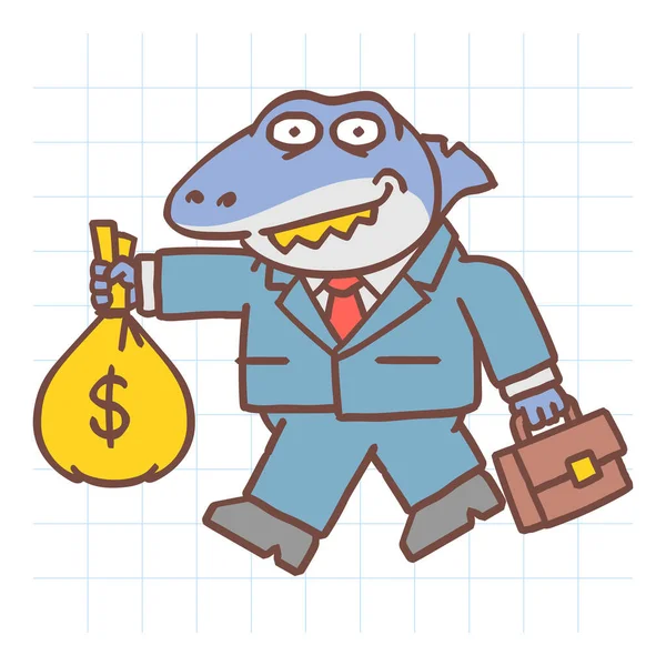 Tubarão Caminha Segura Saco Dinheiro Personagem Desenhado Mão Ilustração Vetorial — Vetor de Stock
