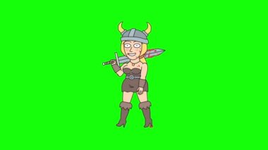 Kanlı kılıç tutan ve yürüyen Viking kadın. Yeşil arka plan. Alfa kanalı. Döngülü canlandırma