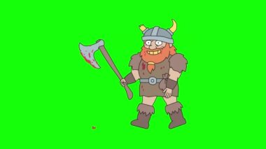 Viking adam kanlı balta tutuyor ve yürüyor. Yeşil arka plan. Alfa kanalı. Döngülü canlandırma