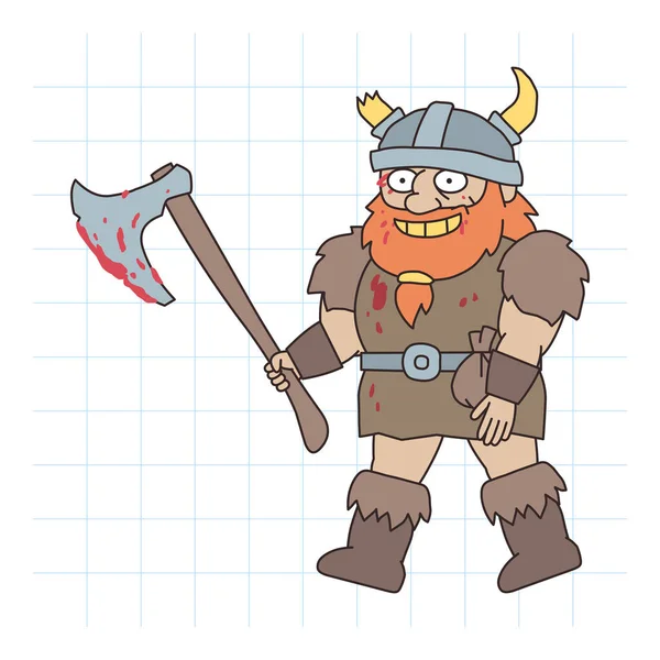 Vikingo Sosteniendo Hacha Ensangrentada Caminando Personaje Dibujado Mano Ilustración Vectorial — Vector de stock