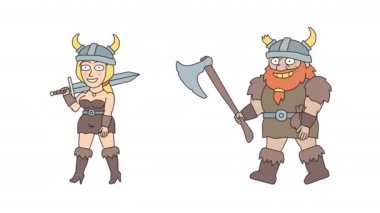 Kılıç tutan ve yürüyen Viking kadın. Viking adam büyük bir balta tutuyor ve yürüyor. Alfa kanalı. Döngülü canlandırma