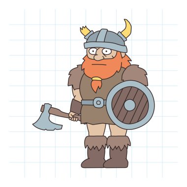 Viking adam kalkanı tutuyor ve elinde balta tutuyor. El çizimi karakter. Vektör İllüstrasyonu