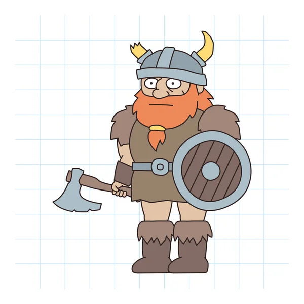 Viking Man Holding Shield Holding Hand Drawn Character Vector Illustration — Archivo Imágenes Vectoriales