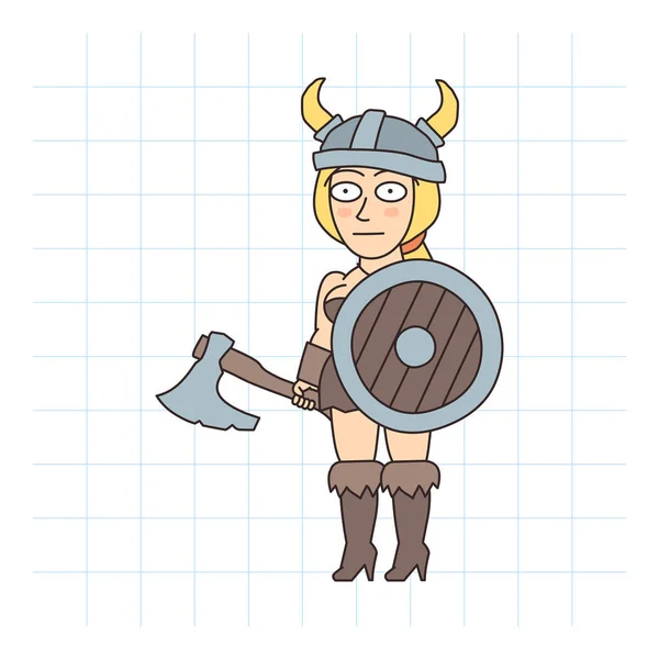 Mujer Vikinga Sosteniendo Escudo Sosteniendo Hacha Personaje Dibujado Mano Ilustración — Vector de stock