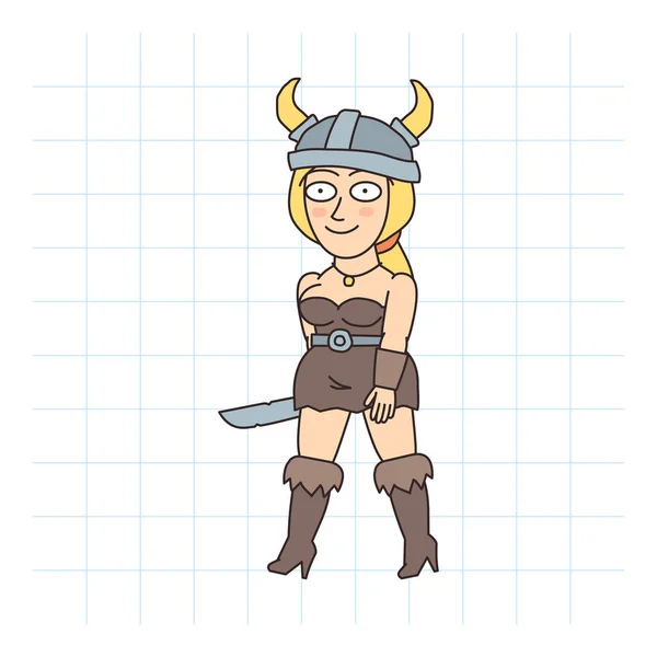 Viking Woman Walks Holds Knife Hand Hand Drawn Character Vector — Stock vektor