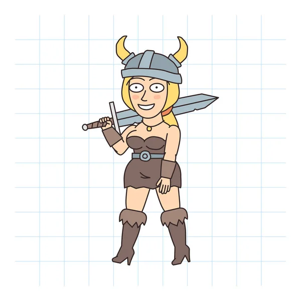 Viking Woman Holds Sword Shoulder Goes Hand Drawn Character Vector — Stock vektor