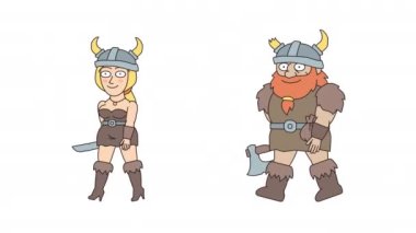 Viking woman holding knife and walking. Viking man holding an ax and walking. Alpha channel. Looped animation