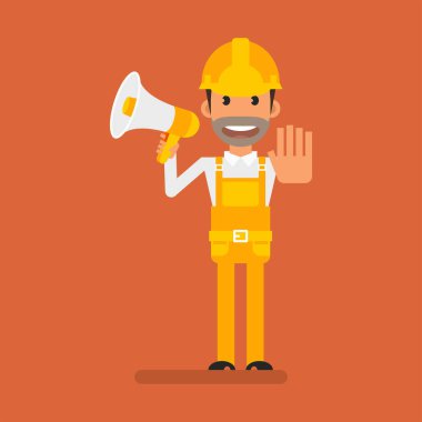 Mimar megafonu tutuyor ve elle duruyor. Düz insanlar. Vektör İllüstrasyonu