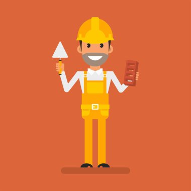 Elinde mala, tuğla tutan ve gülümseyen bir mimar. Düz insanlar. Vektör İllüstrasyonu