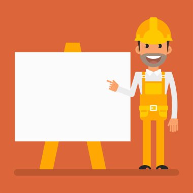 Builder smiling and pointing finger on blank flip chart. Flat people. Vector Illustration