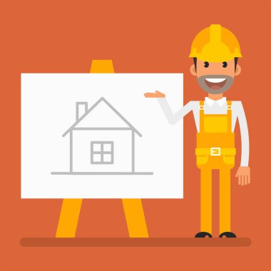 Builder smiling and pointing with hand on flip chart with drawing house. Flat people. Vector Illustration