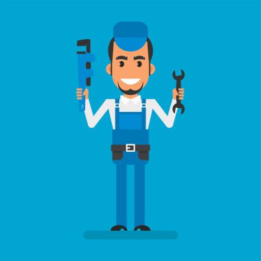 Repairman holding pipe wrench and wrench. Flat people. Vector Illustration