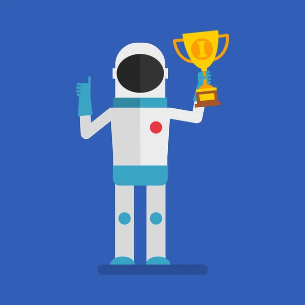 Astronaut Holding Golden Cup Showing Thumbs Flat People Vector Illustration — Archivo Imágenes Vectoriales