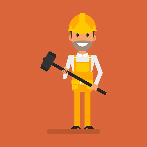 Builder Holding Big Hammer Smiling Flat People Vector Illustration — Stock Vector